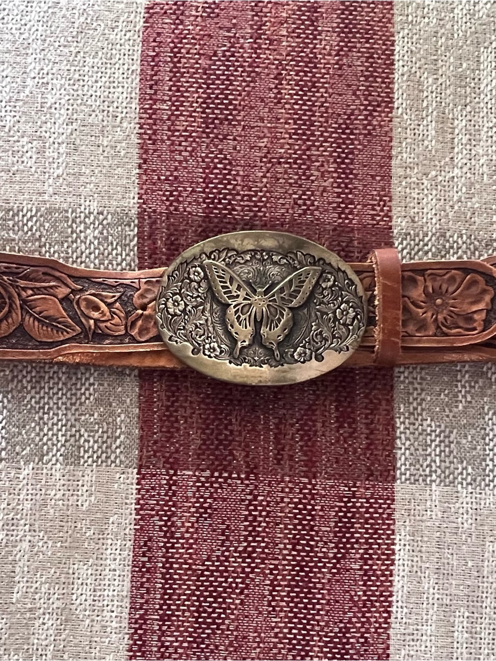 Leather Belt with Antique Brass Butterfly Buckle - Brown